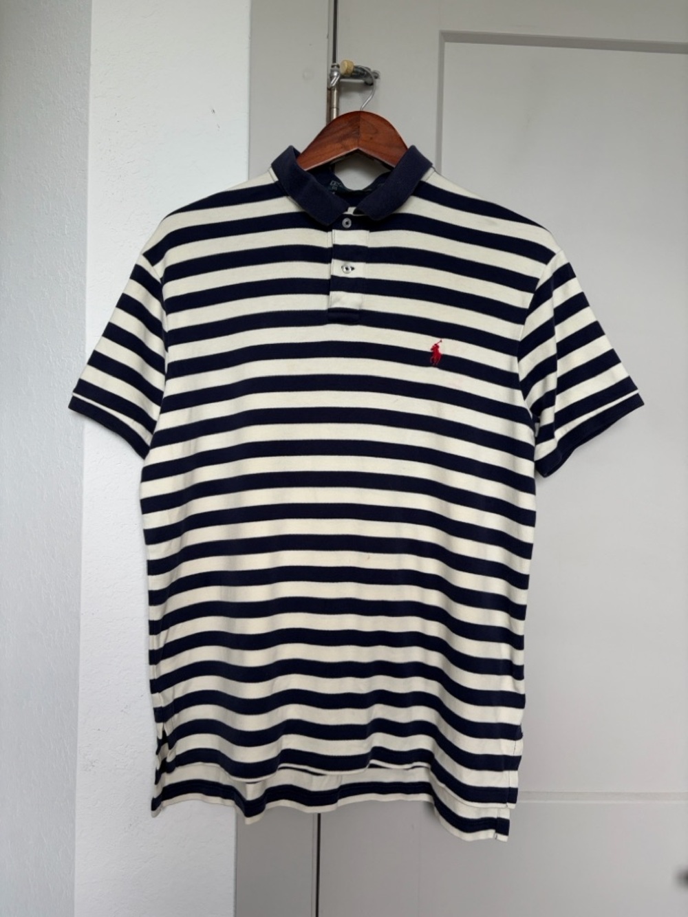 VINTAGE POLO RALPH LAUREN POLO STRIPED SHORT SLEEVE SHIRT BLUE/WHITE MENS LARGE